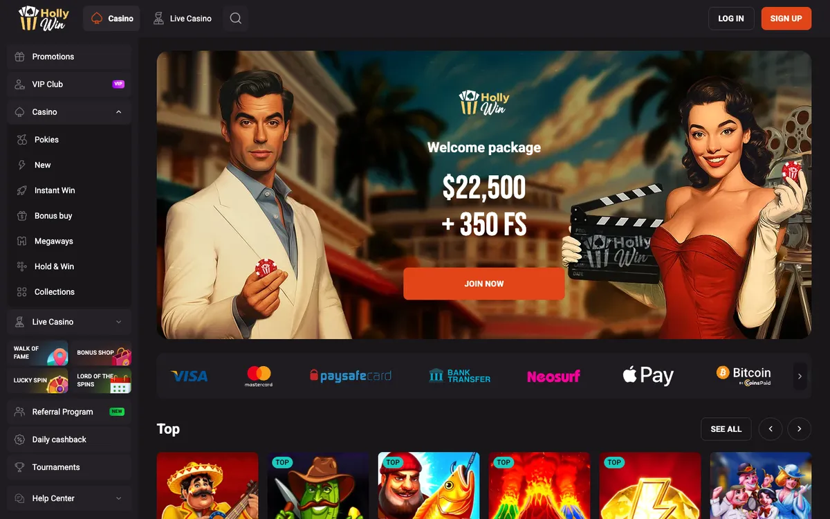 HollyWin Casino — Home page, captured from Australia
