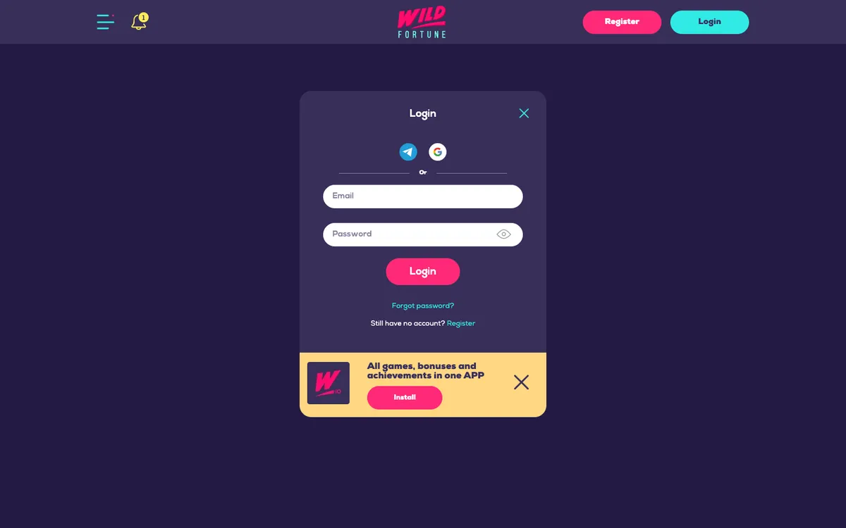 Wildfortune.io Casino — Sign-up, captured from Canada