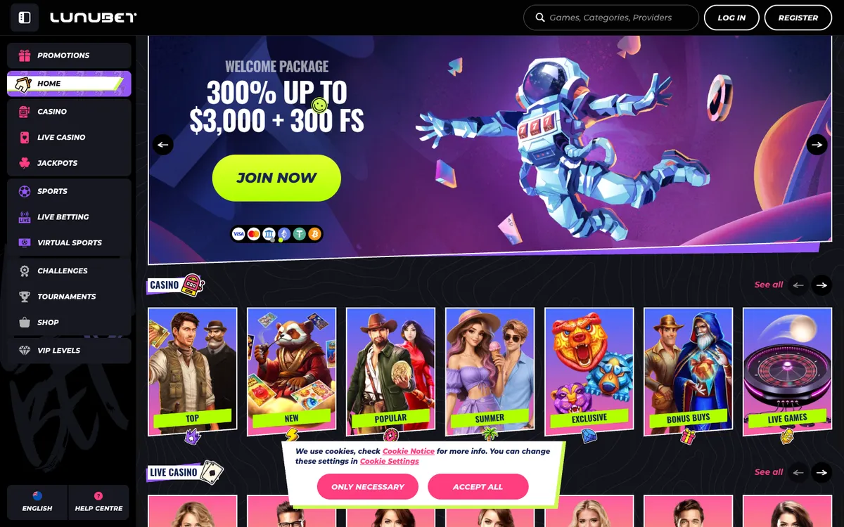 LunuBet Casino — Home page, captured from New Zealand