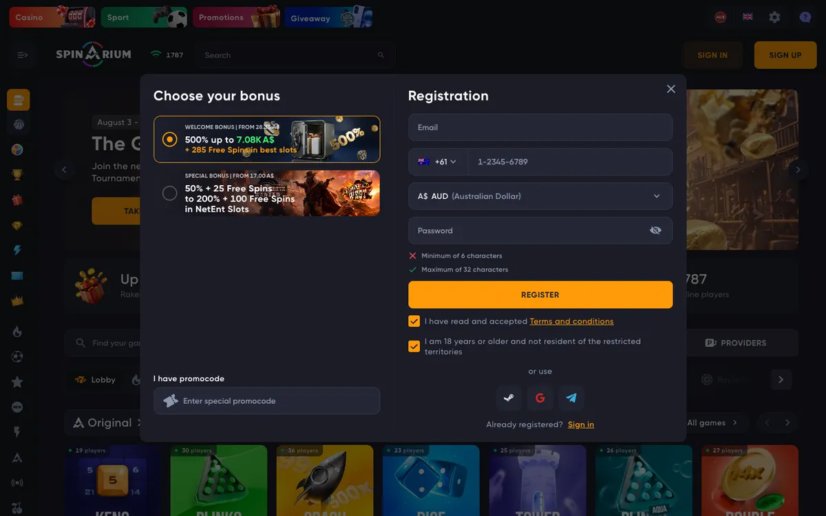 Spinarium Casino — Home page, captured from Australia