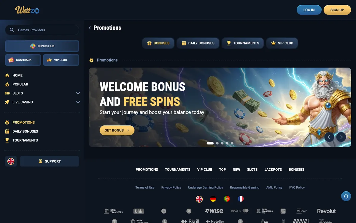 Wettzo Casino — Promotions, captured from Belgium