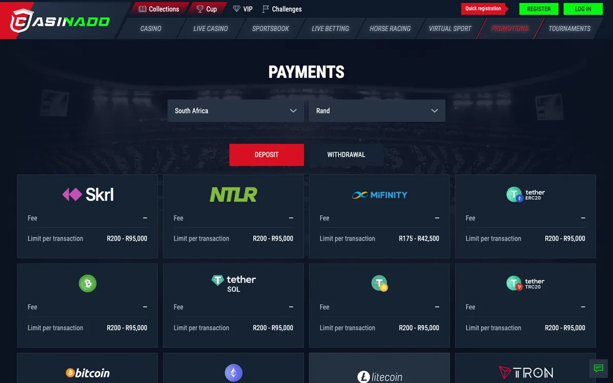 Casinado Casino — Payments, captured from South Africa
