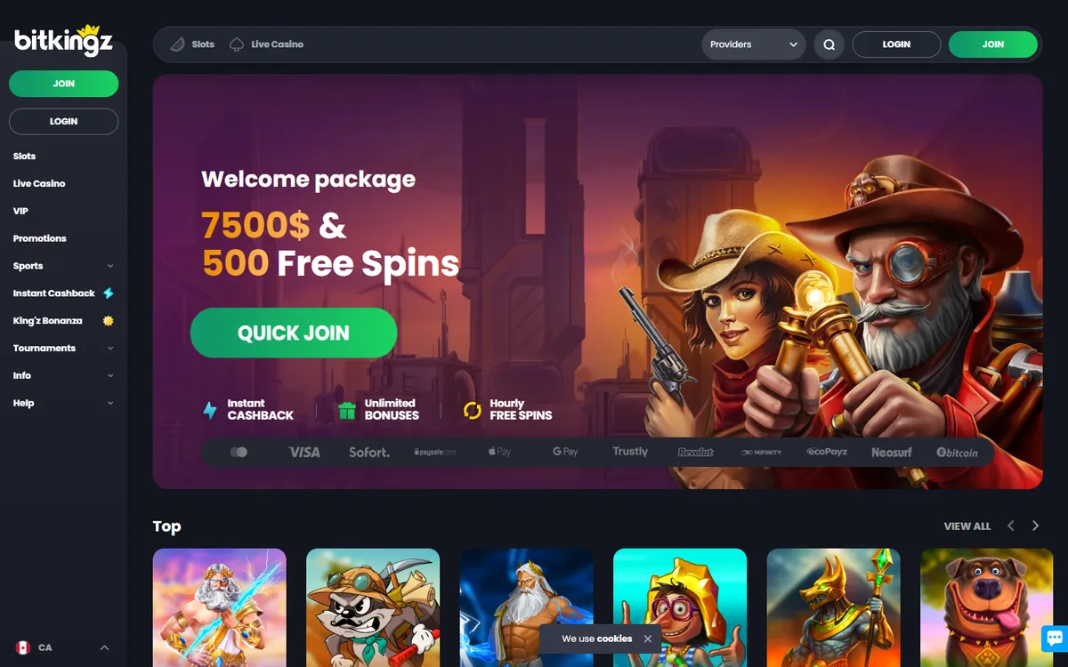 Bitkingz Casino — Home page, captured from Canada