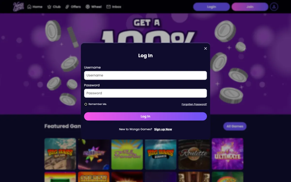 Wonga Games Casino — «Регистрация», снято из страны Великобритания