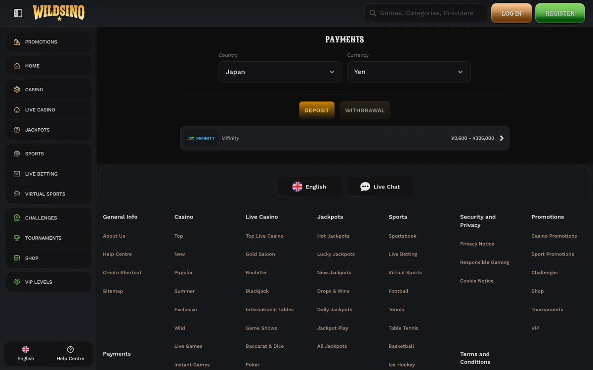 Wildsino Casino — Payments, captured from Japan