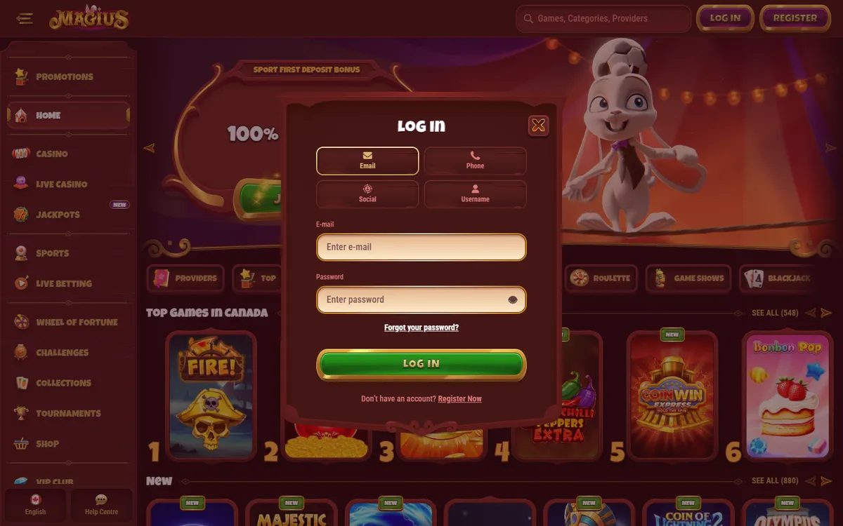Magius Casino — Sign-up, captured from Canada