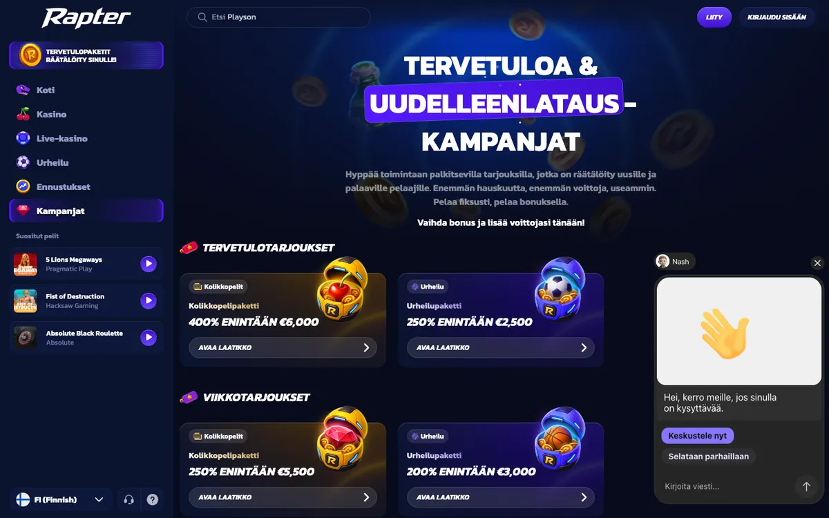 Rapter Casino — Promotions, captured from Finland