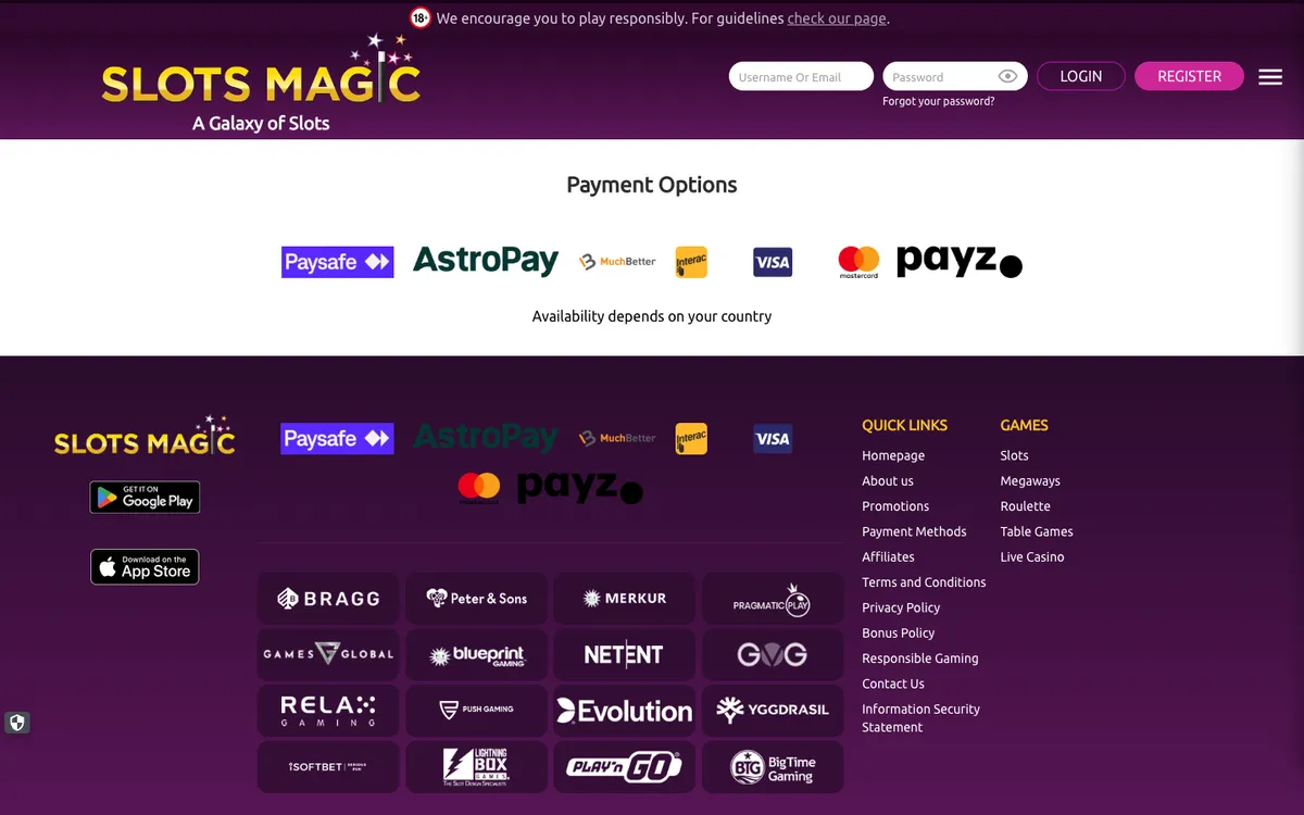 Slots Magic Casino — Payments, captured from Canada