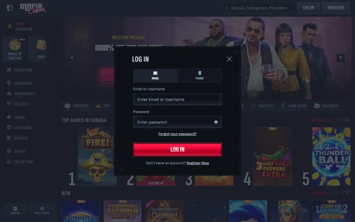 Mafia Casino — Sign-up, captured from Canada
