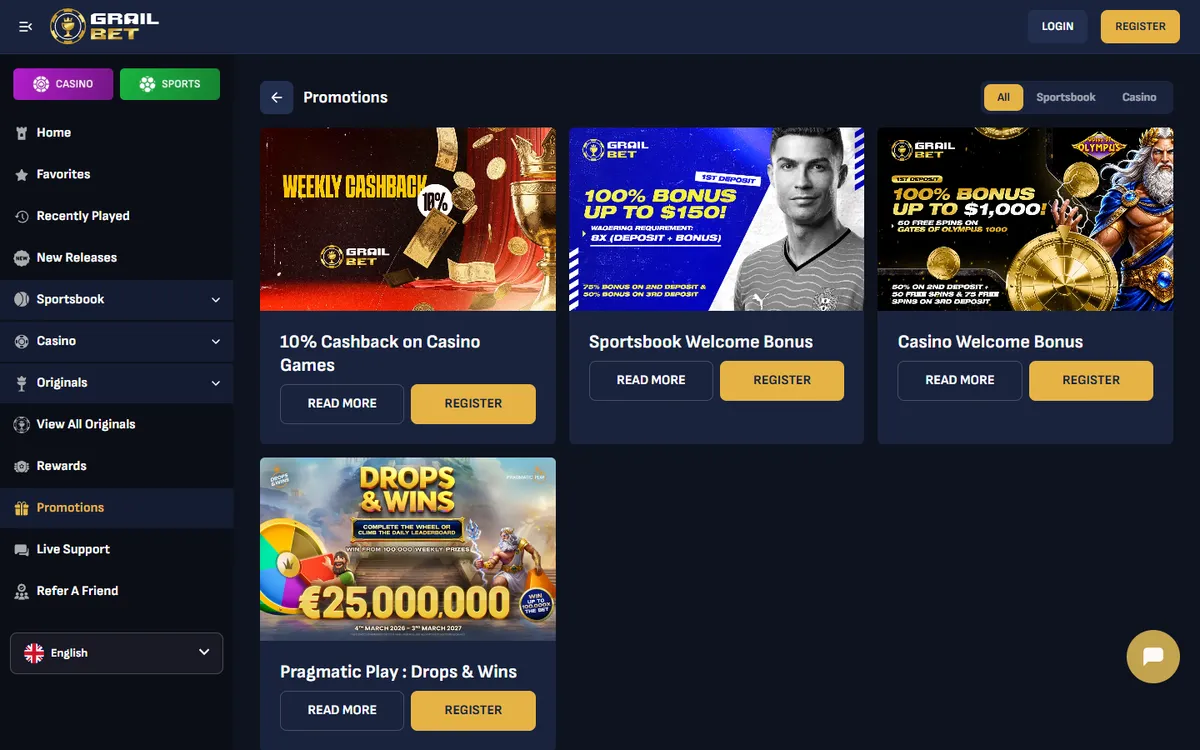 Grailbet Casino — «Акции», снято из страны Канада