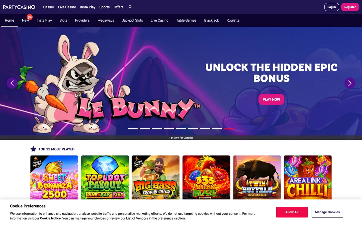 PartyCasino — «Главная», снято из страны Канада