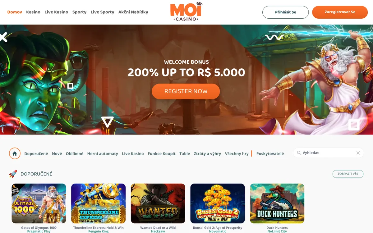 MoiCasino — Home page, captured from Czechia
