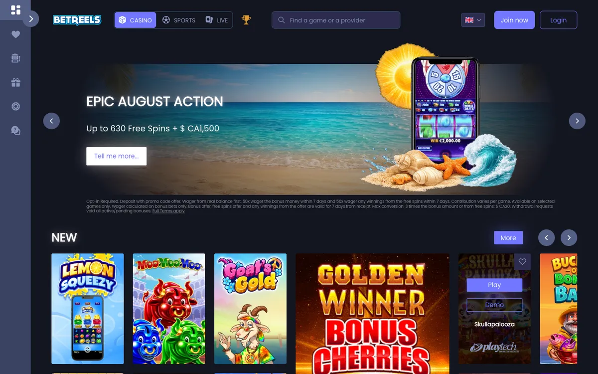 Betreels Casino — Home page, captured from Canada