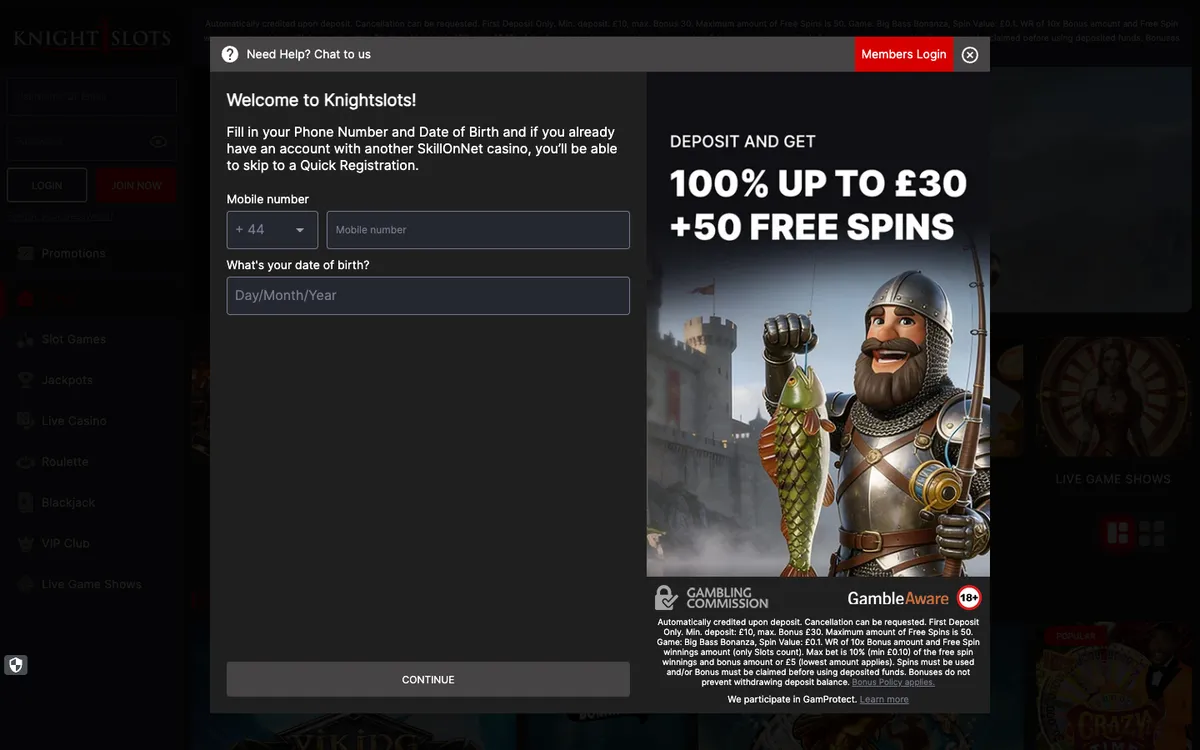 Knightslots Casino — Sign-up, captured from United Kingdom