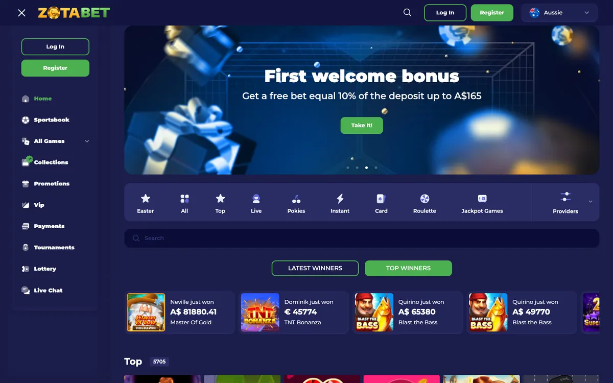 Zotabet Casino — Home page, captured from Australia