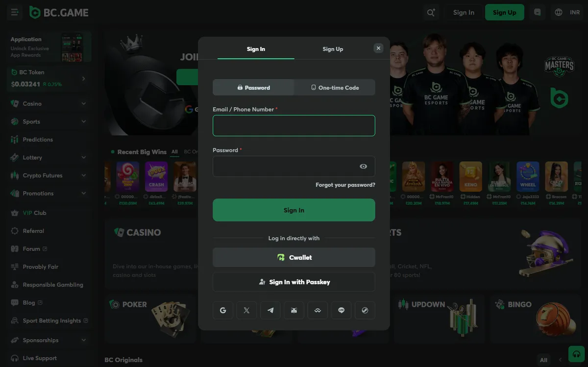 BC.Game Casino India — Sign-up, captured from India