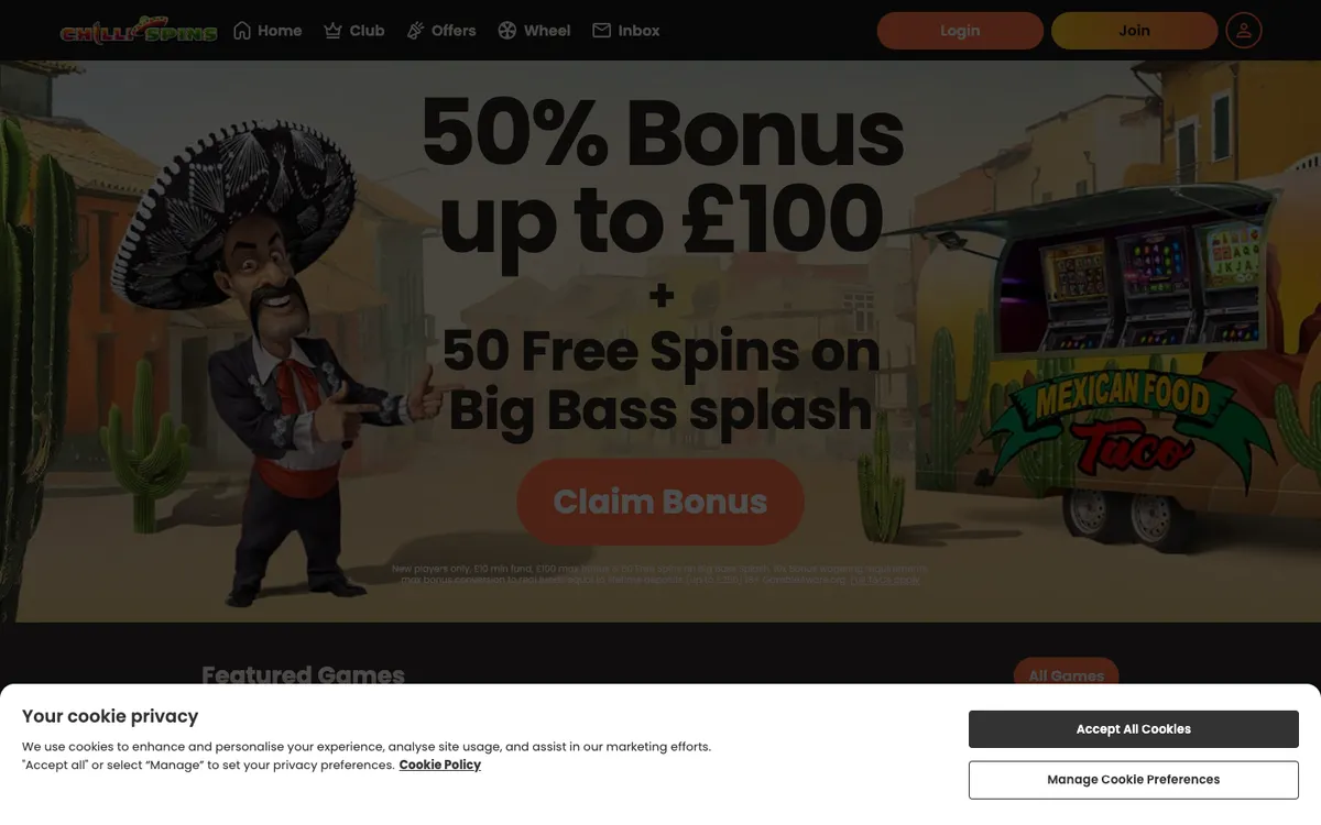 Chilli Spins Casino — Home page, captured from Norway
