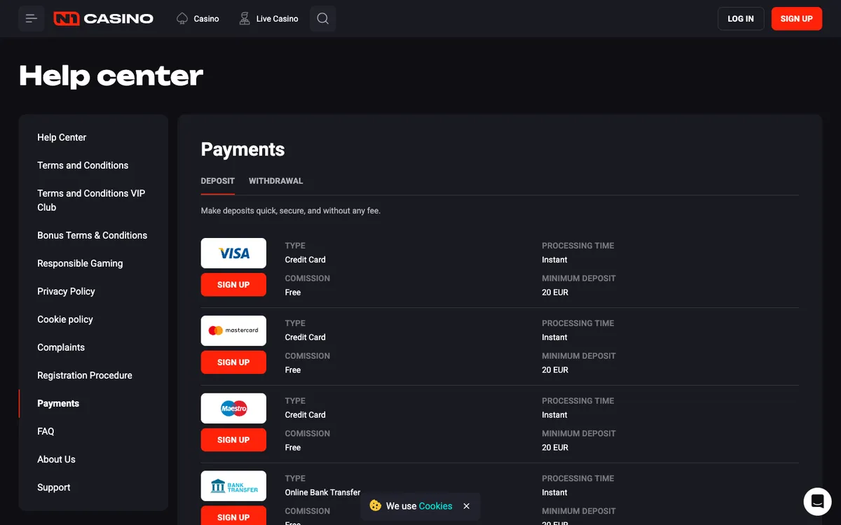N1 Casino — Payments, captured from Austria
