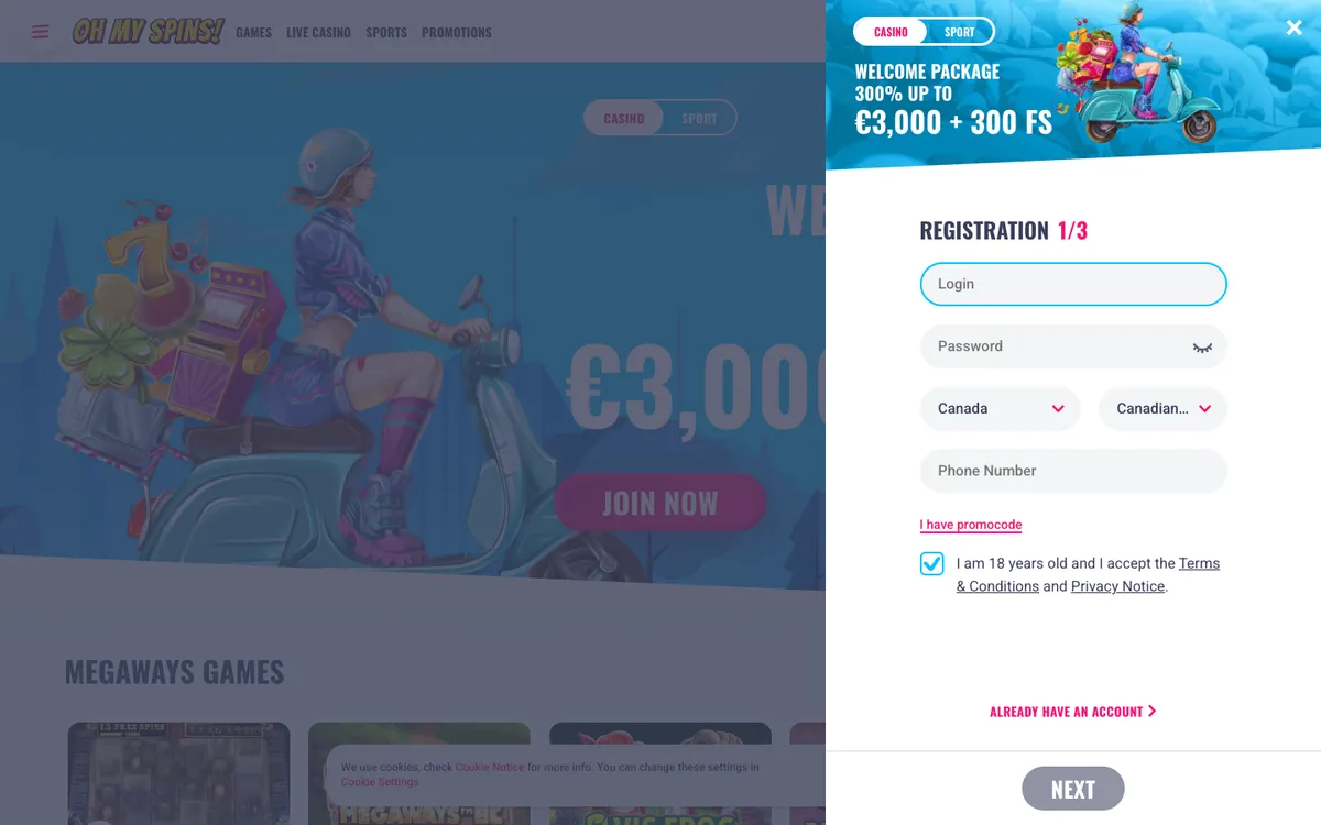 OhMySpins Casino — «Регистрация», снято из страны Канада