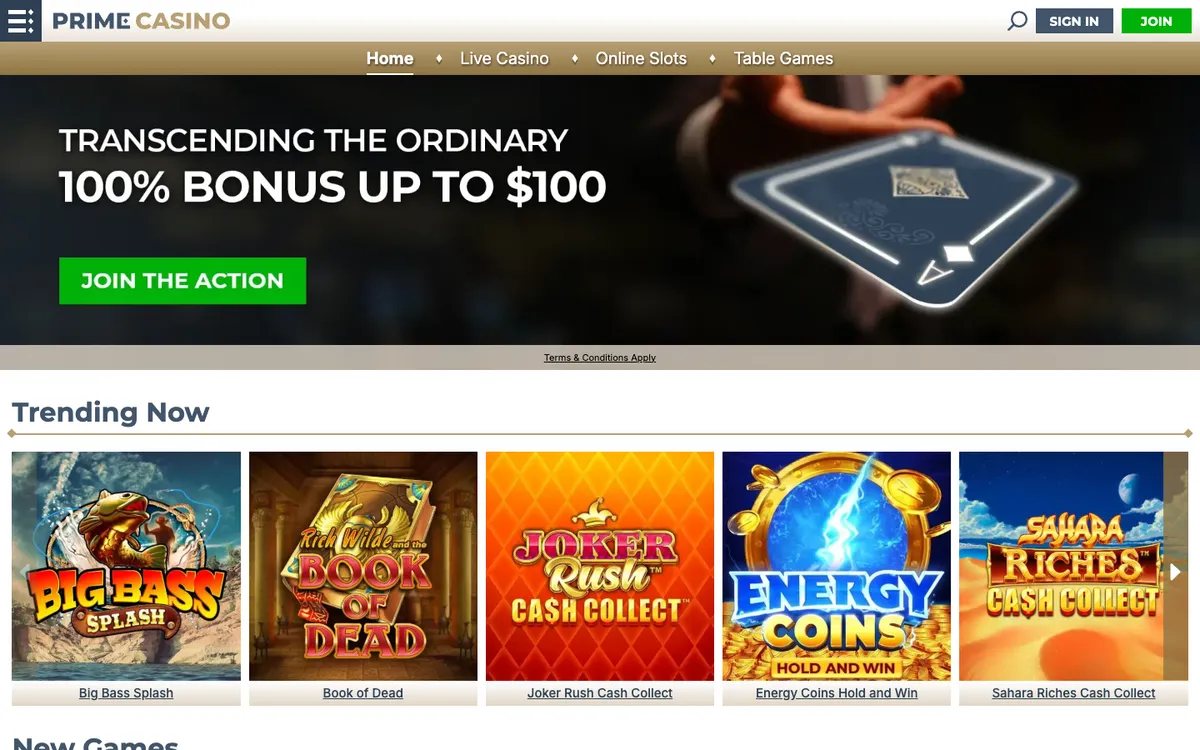 Prime Casino — Home page, captured from New Zealand