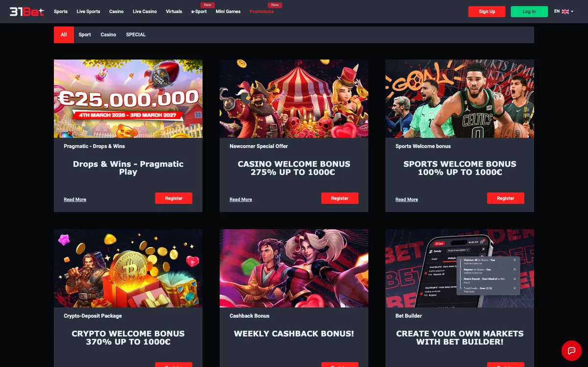 31Bet.com Casino — Promotions, captured from Belgium