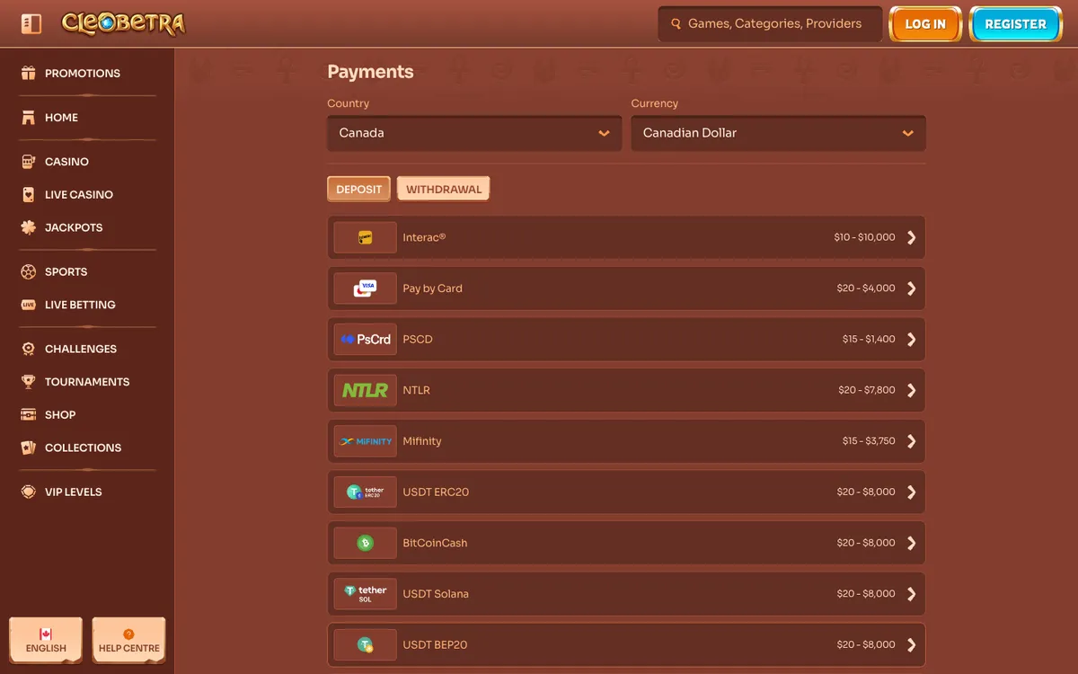 Cleobetra Casino — Payments, captured from Canada