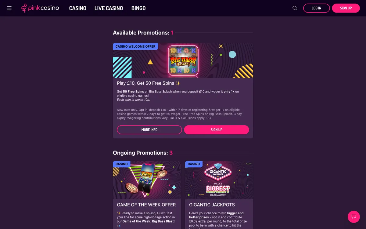 Pink Casino UK — Promotions, captured from United Kingdom