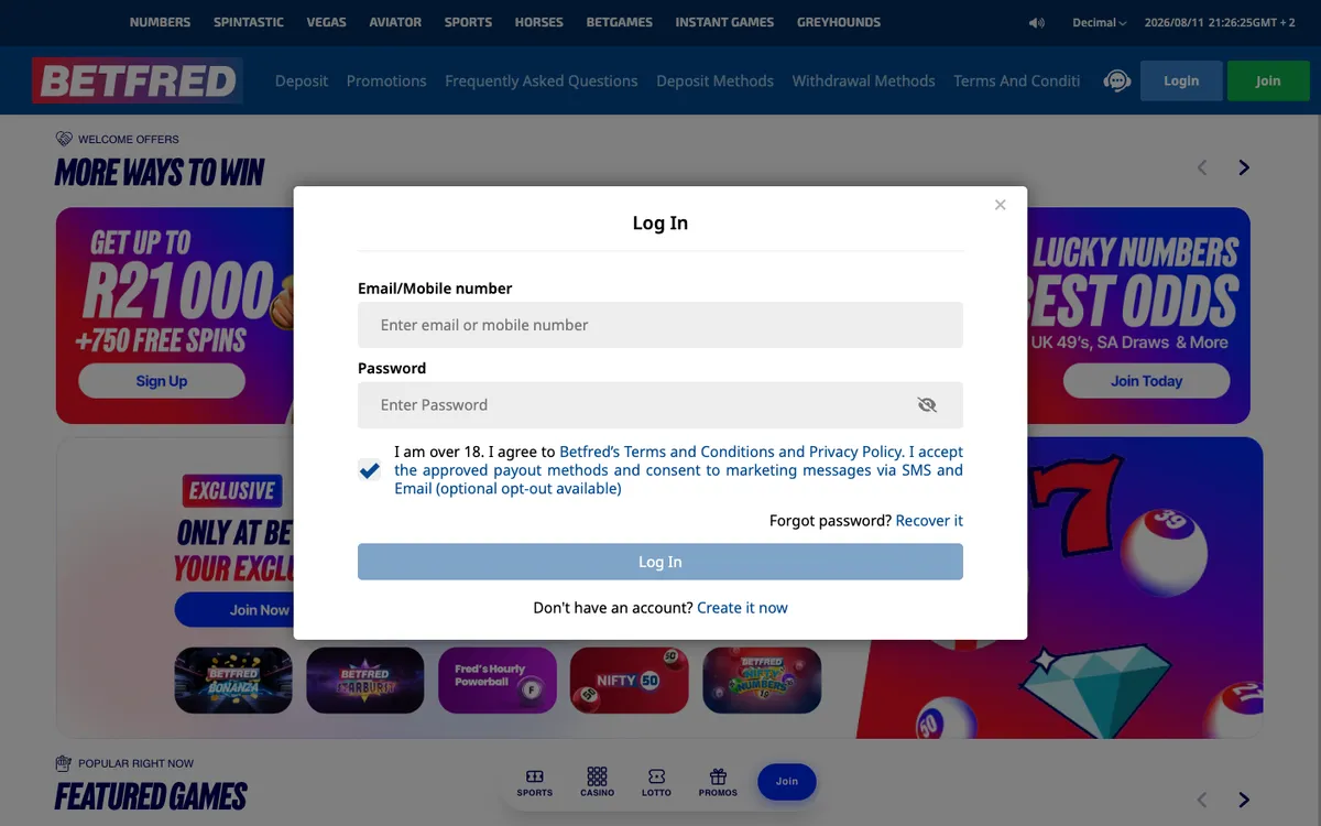 Betfred Casino — Sign-up, captured from South Africa