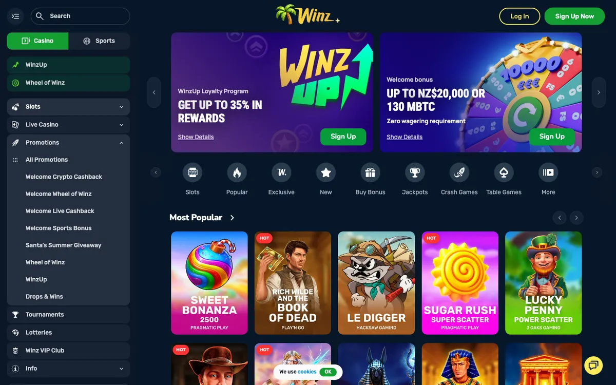Winz.io Casino — Home page, captured from New Zealand