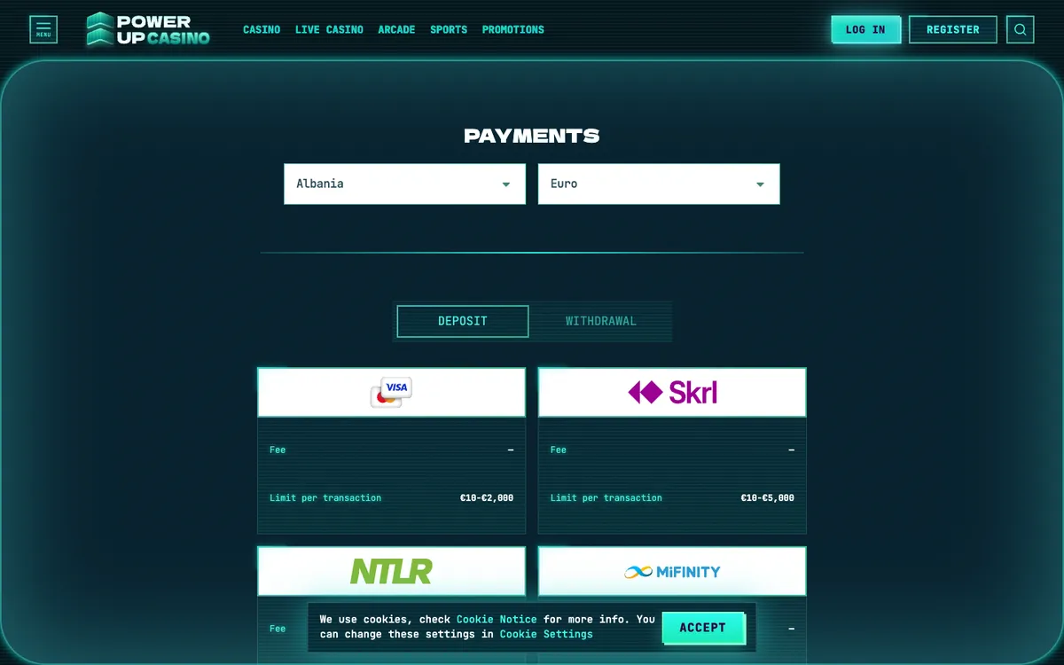 PowerUp Casino — Payments, captured from Canada