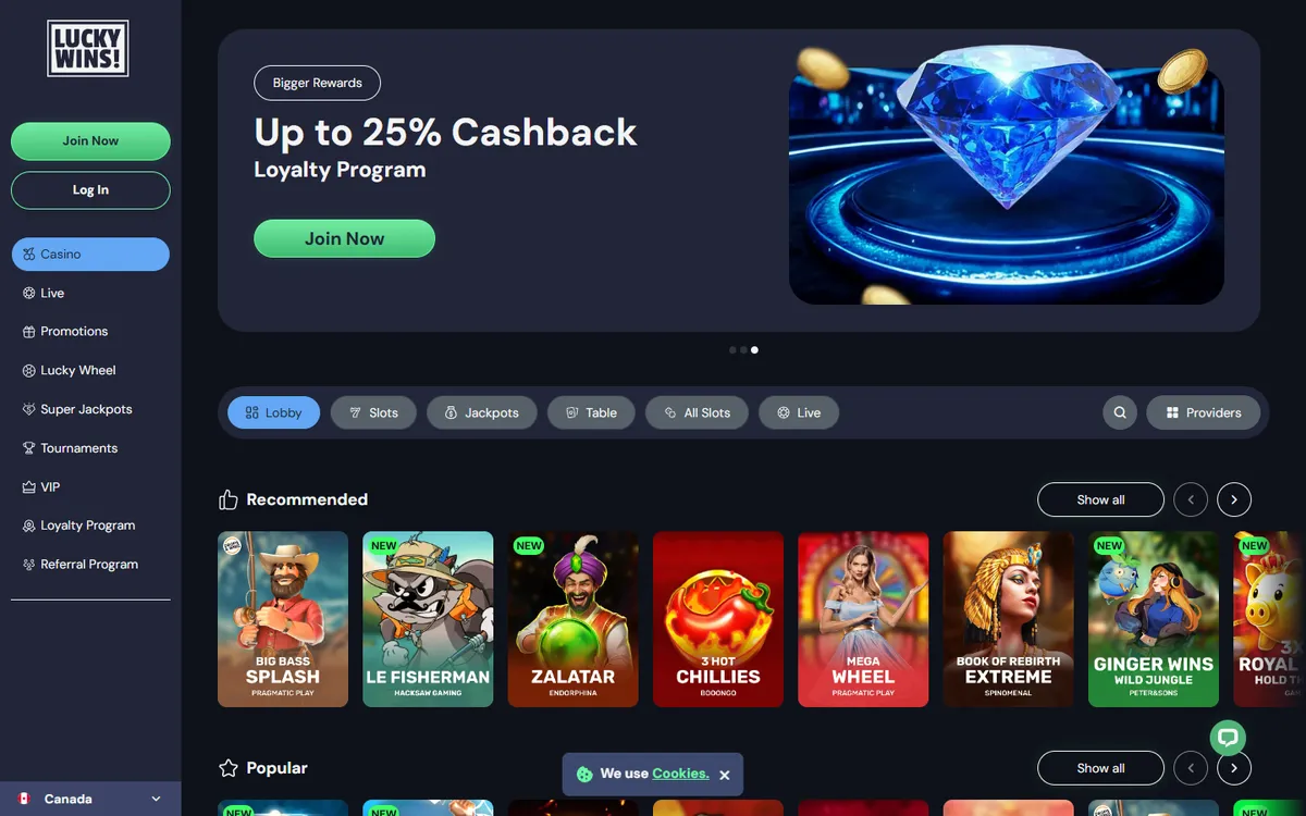 LuckyWins Casino — Home page, captured from Canada