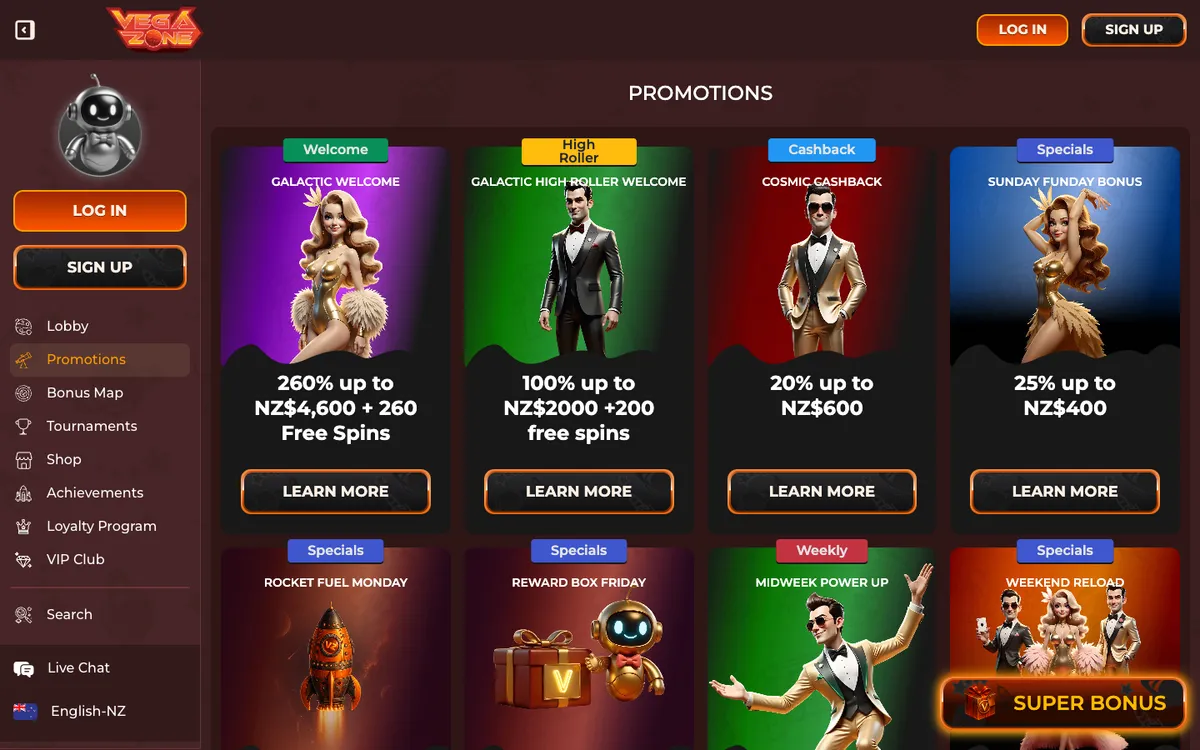 VegaZone Casino — «Акции», снято из страны Новая Зеландия