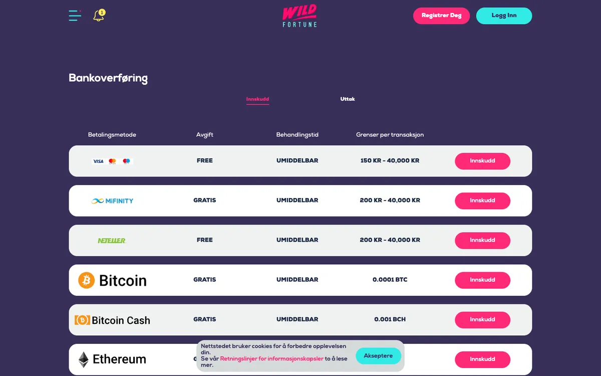 Wildfortune.io Casino – «Платежи», снято из страны Норвегия