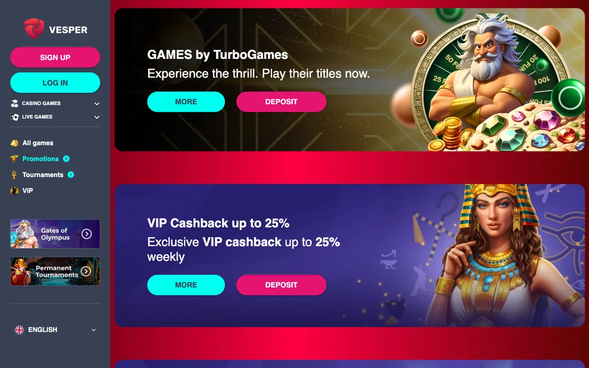 Vesper Casino — Promotions, captured from Canada