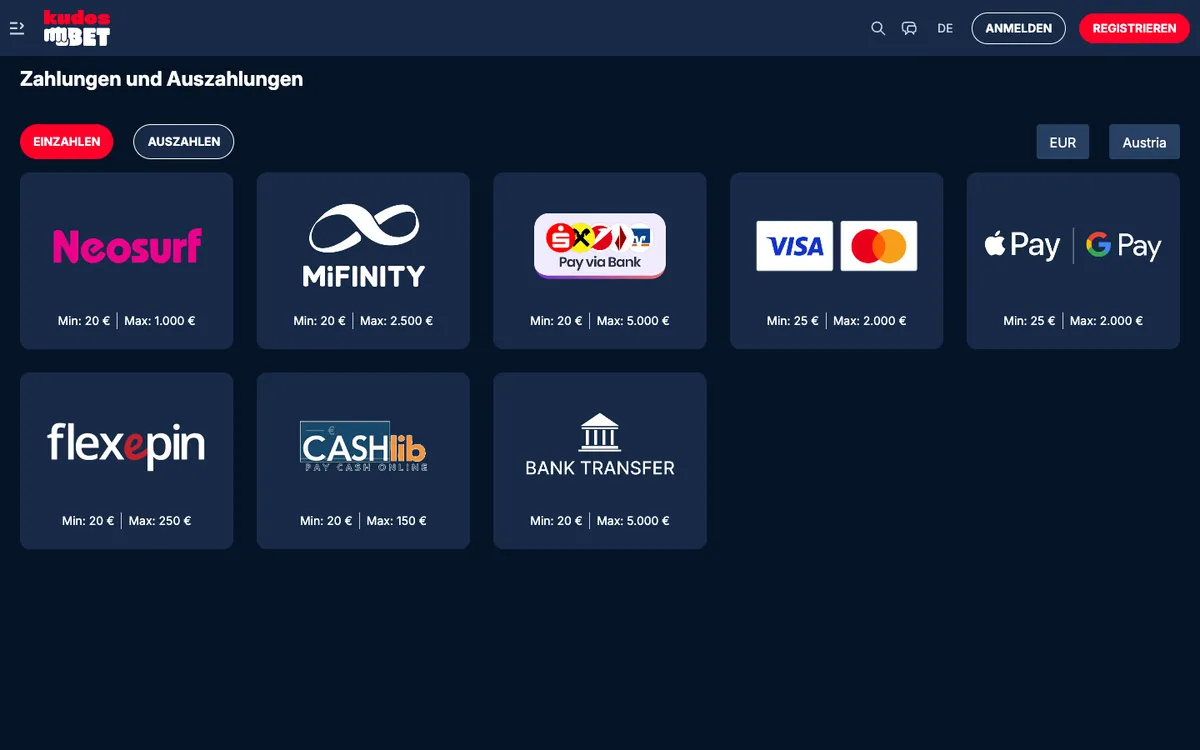 Kudosbet Casino — Payments, captured from Austria