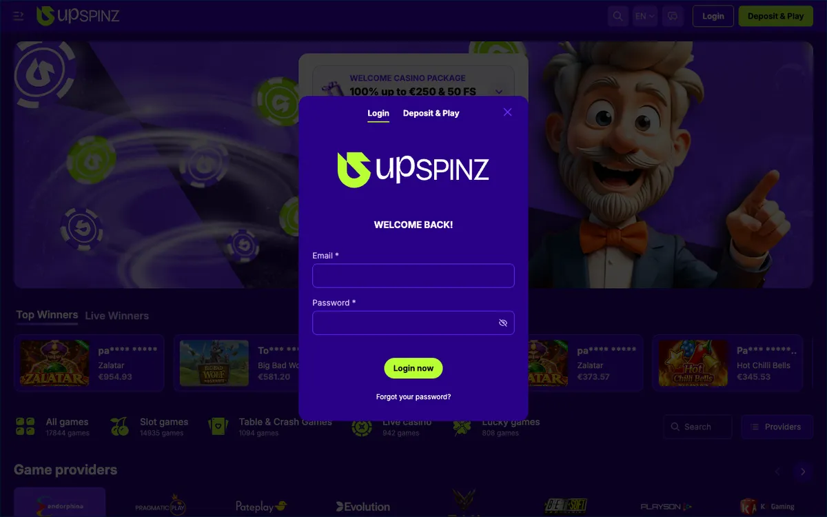 UpSpinz Casino — Sign-up, captured from Finland