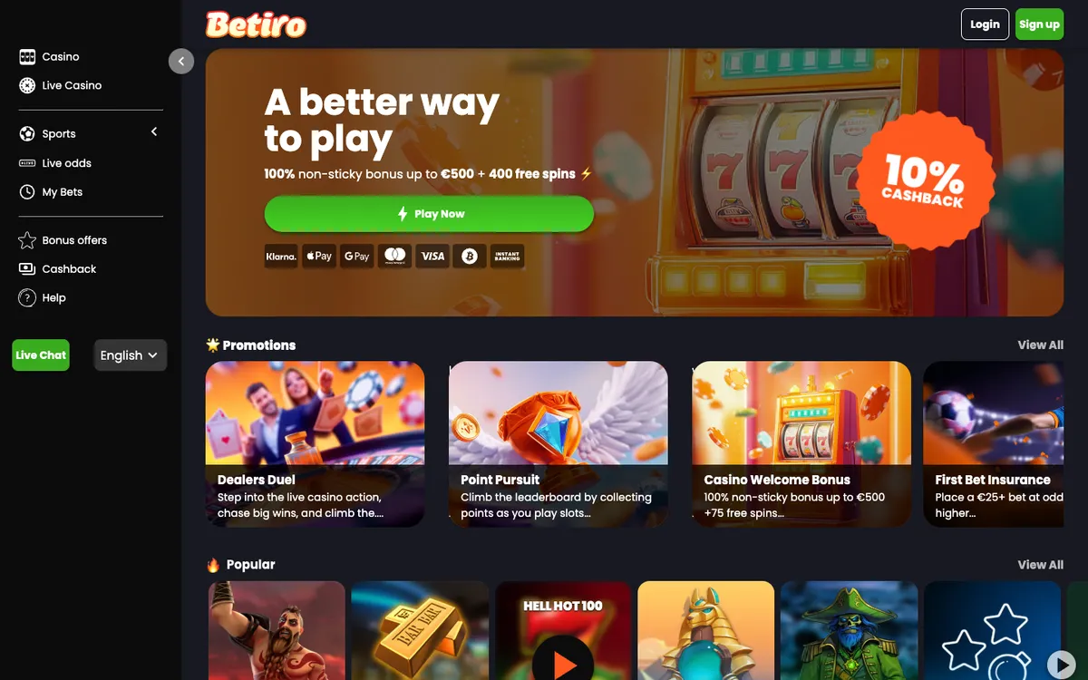 Betiro Casino — Home page, captured from Australia