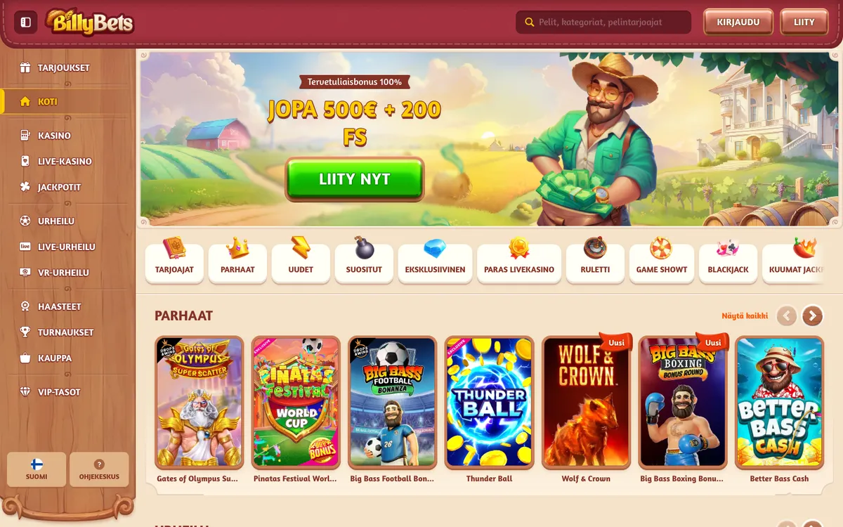 BillyBets Casino — Home page, captured from Finland