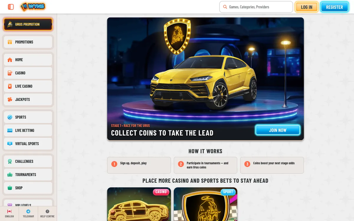 Wyns Casino — Promotions, captured from Canada