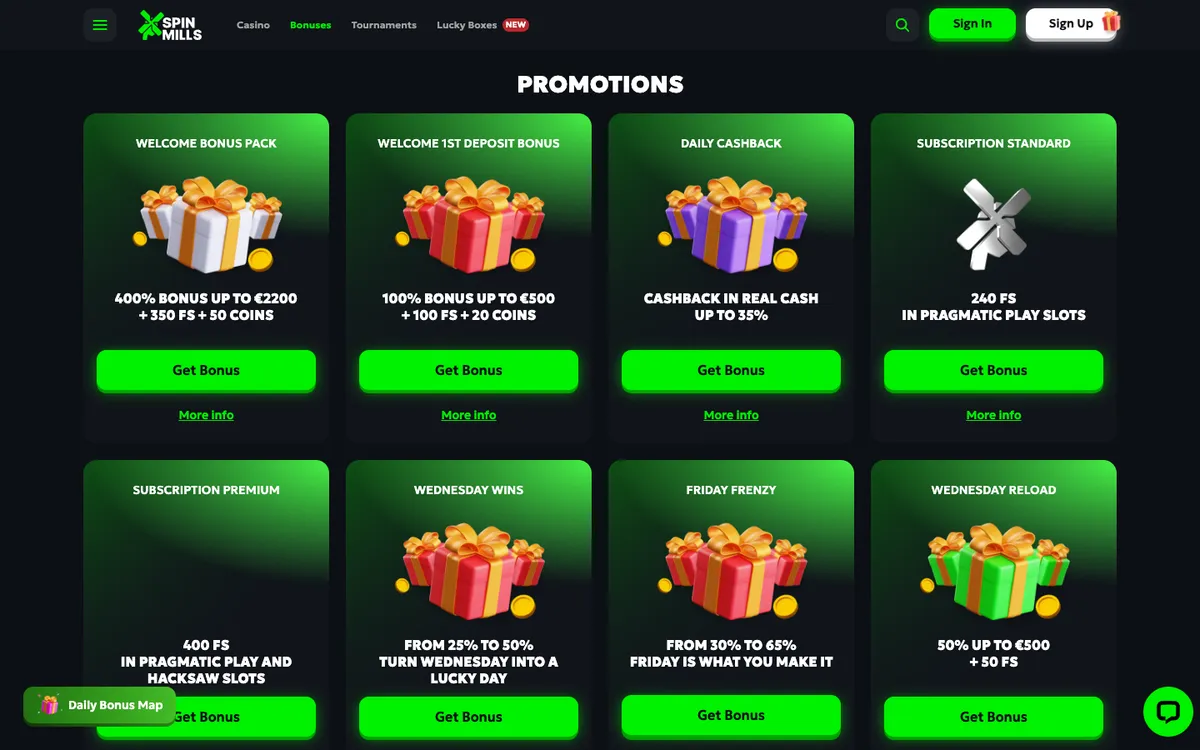 SpinMills Casino — Promotions, captured from Chile