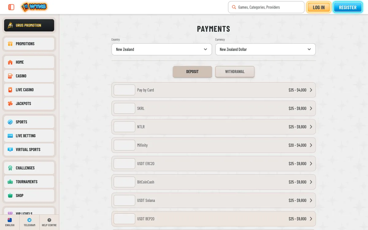 Wyns Casino — Payments, captured from New Zealand
