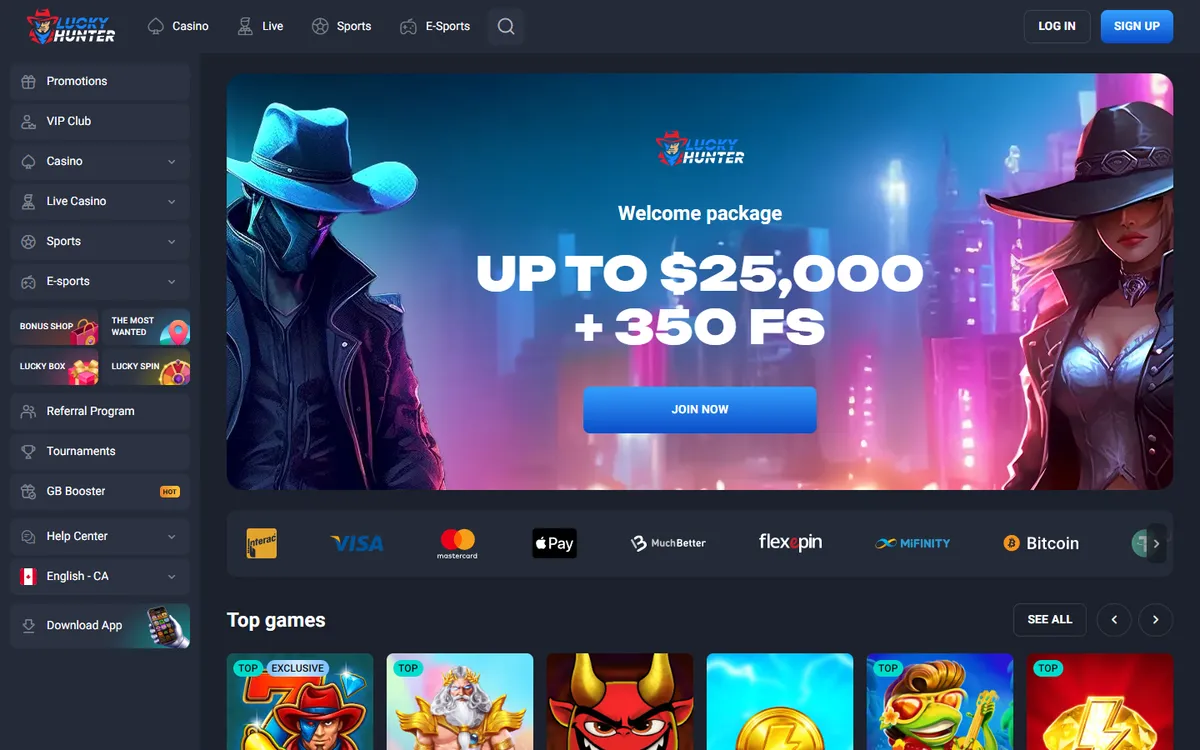 Lucky Hunter Casino — Home page, captured from Canada