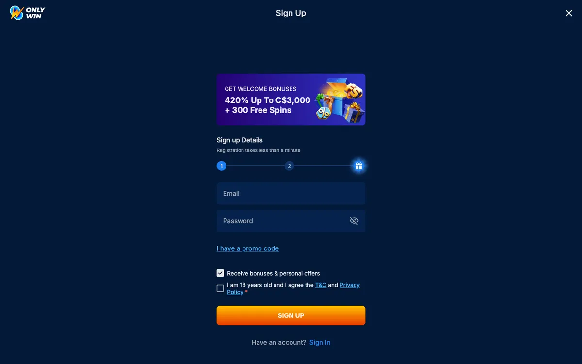 OnlyWin Casino — «Регистрация», снято из страны Австралия