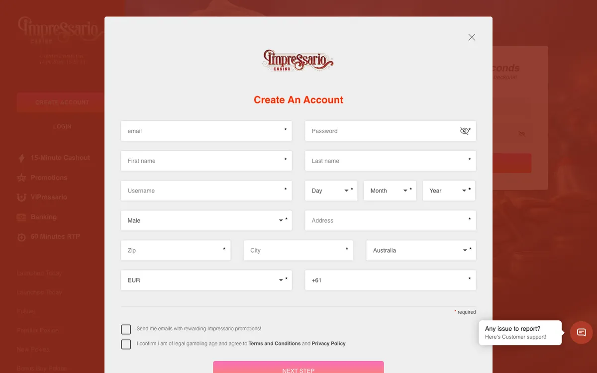 Impressario Casino — Sign-up, captured from Australia