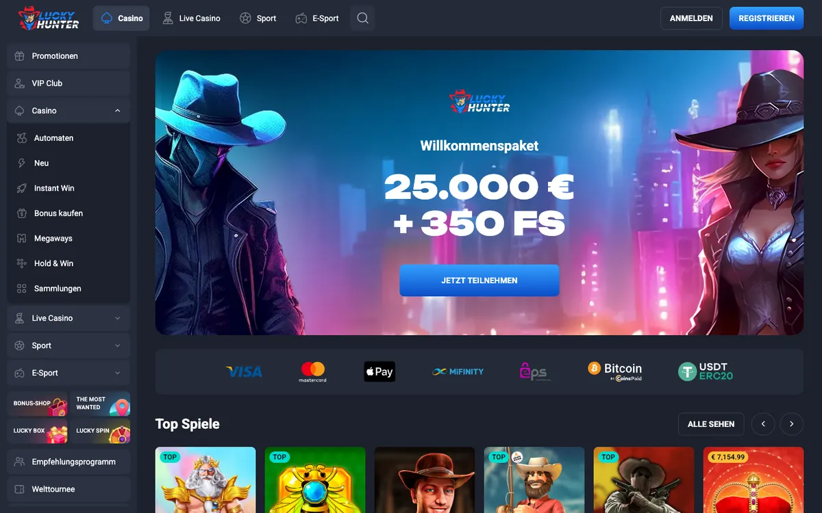 Lucky Hunter Casino — Home page, captured from Germany