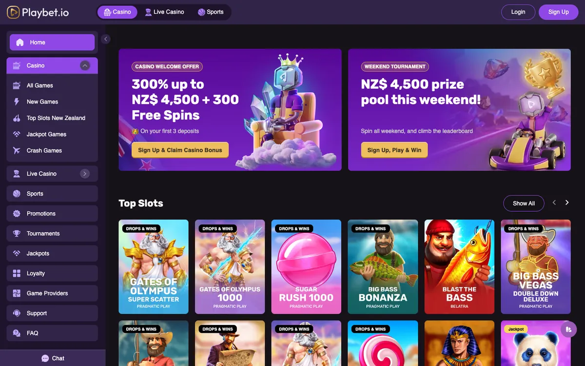 Playbet.io Casino — «Главная», снято из страны Новая Зеландия