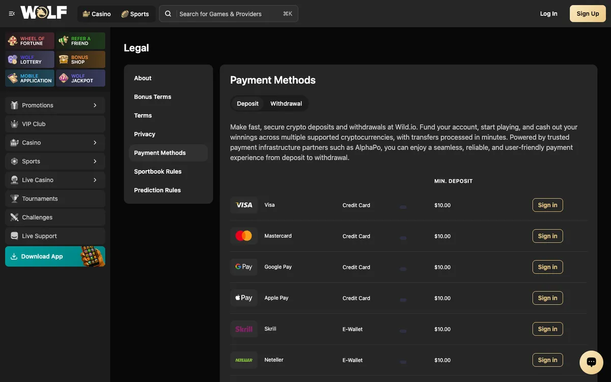 Wolf.io Casino — «Платежи», снято из страны Великобритания