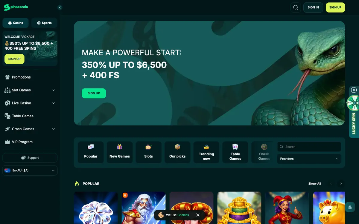 Spinaconda Casino — Home page, captured from Australia