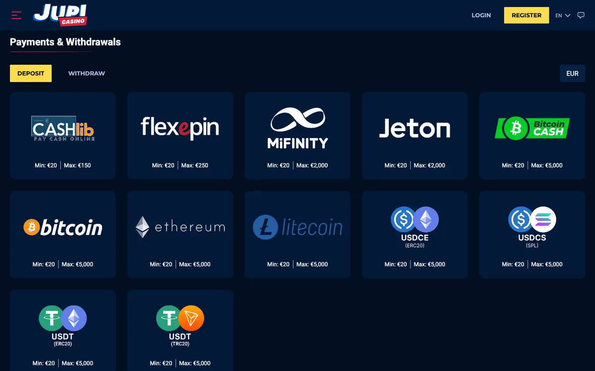 Jupi Casino — Payments, captured from Germany