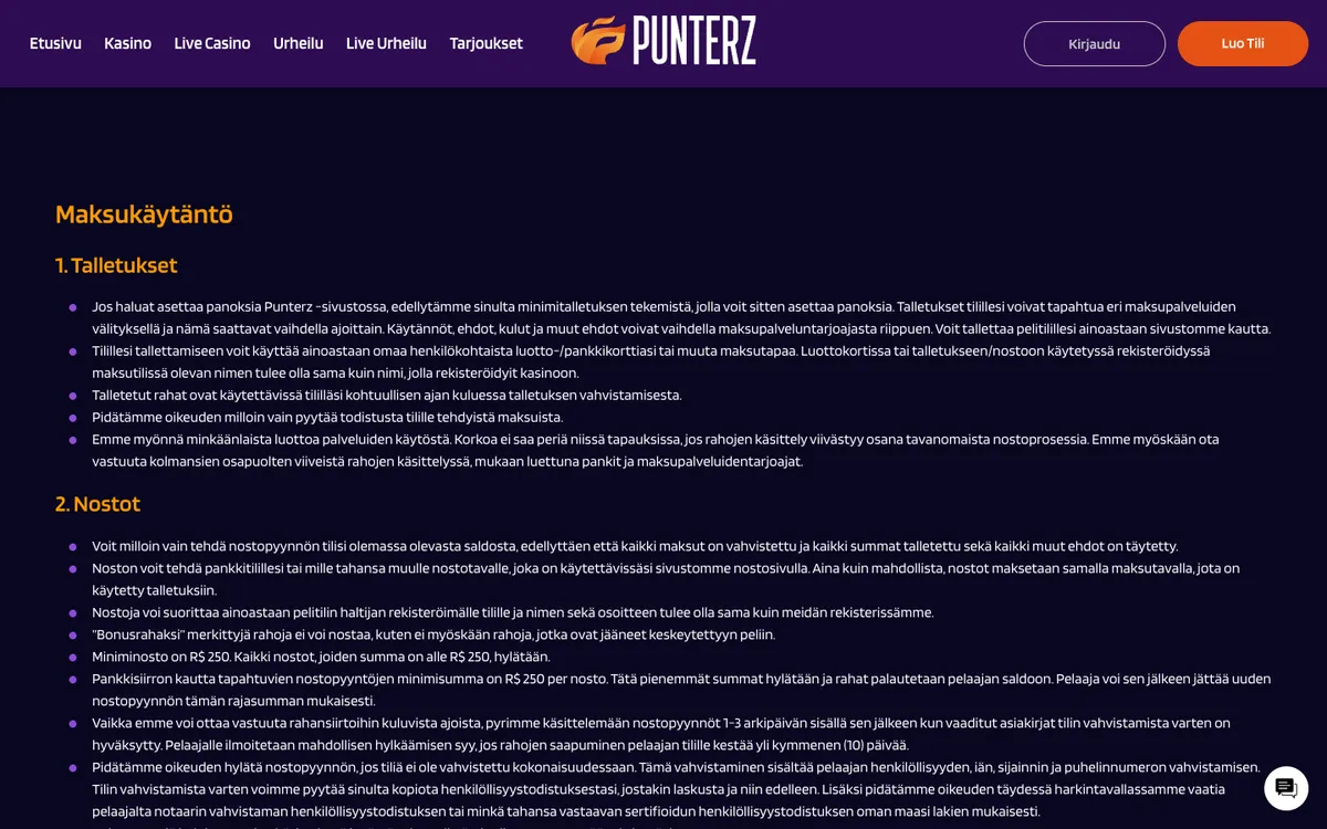 Punterz Casino — «Платежи», снято из страны Финляндия